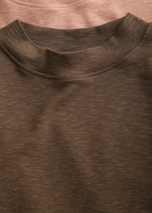 Natural Coffee O-Neck Cotton Blouses Bracelet Sleeve