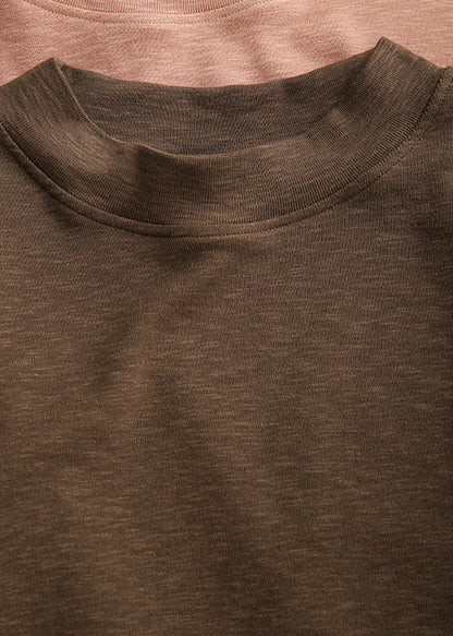 Natural Coffee O-Neck Cotton Blouses Bracelet Sleeve