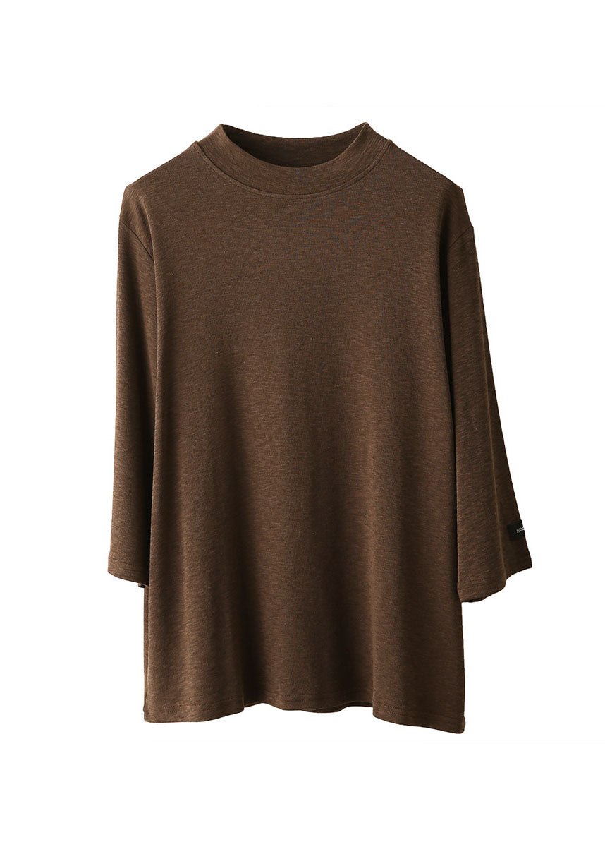 Natural Coffee O-Neck Cotton Blouses Bracelet Sleeve