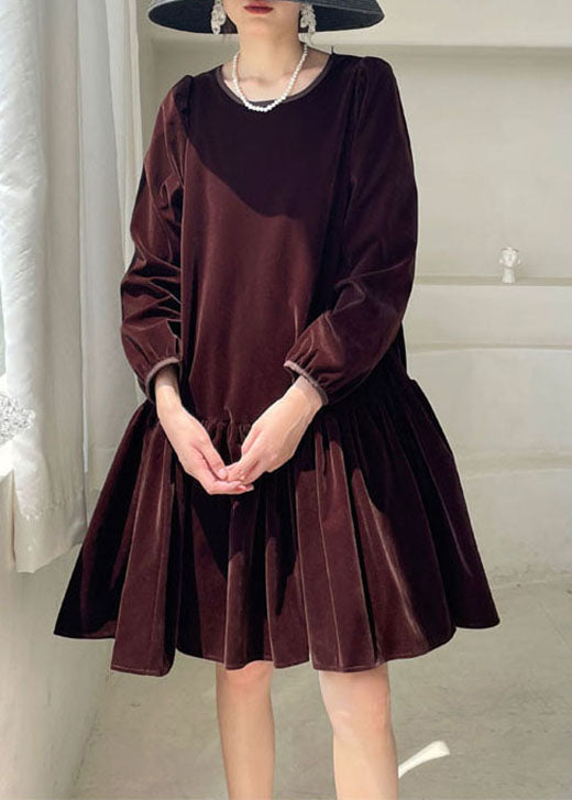 Natural Burgundy O-Neck Velour Casual Dress Winter
