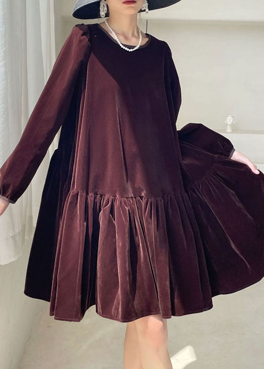 Natural Burgundy O-Neck Velour Casual Dress Winter