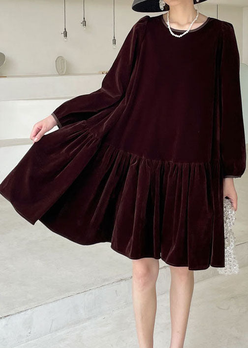 Natural Burgundy O-Neck Velour Casual Dress Winter