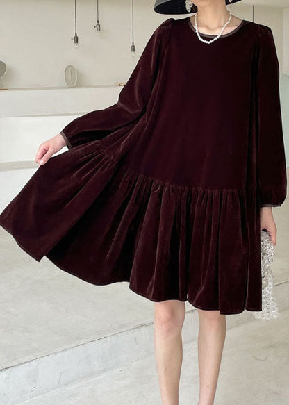 Natural Burgundy O-Neck Velour Casual Dress Winter