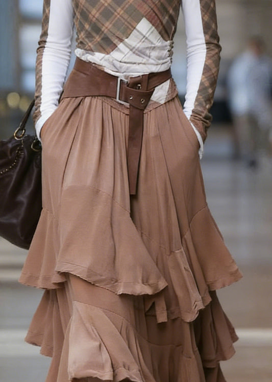 Natural Coffee Pockets Patchwork Ruffled Maxi Skirts Spring
