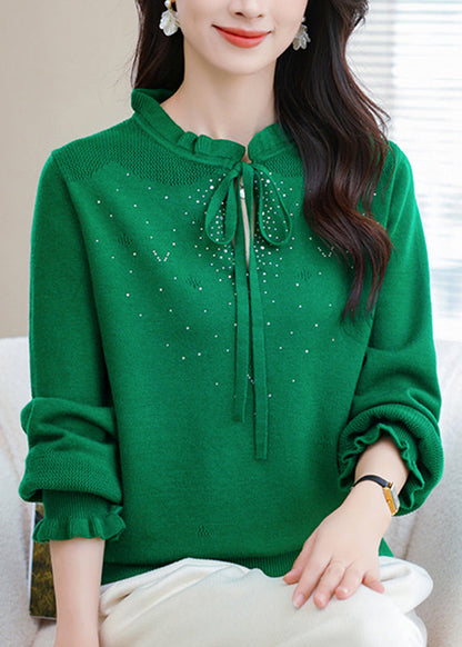 Natural Coffee Ruffled Tie Lace Thick Cotton Knit Sweater Puff Sleeve