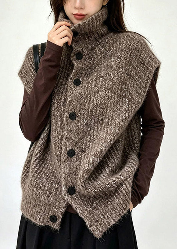 Natural Coffee Stand Collar Cotton Knit Waistcoat Short Sleeve