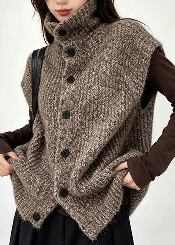 Natural Coffee Stand Collar Cotton Knit Waistcoat Short Sleeve