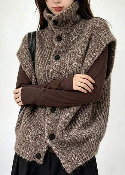 Natural Coffee Stand Collar Cotton Knit Waistcoat Short Sleeve