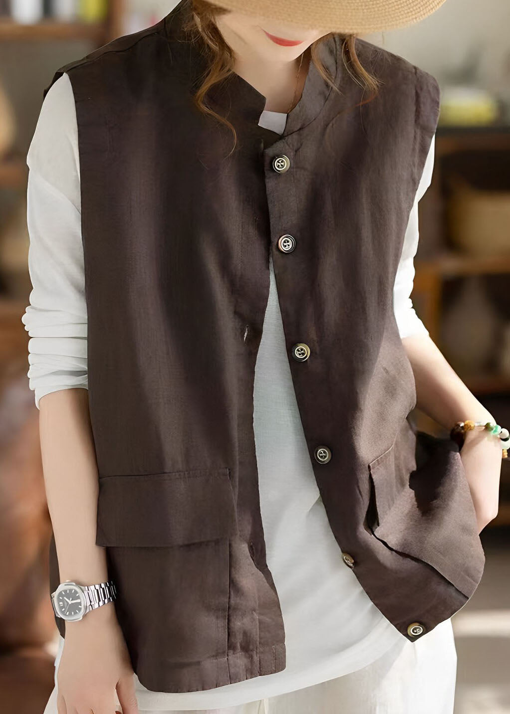 Natural Coffee Stand Collar Pockets Waistcoat Sleeveless