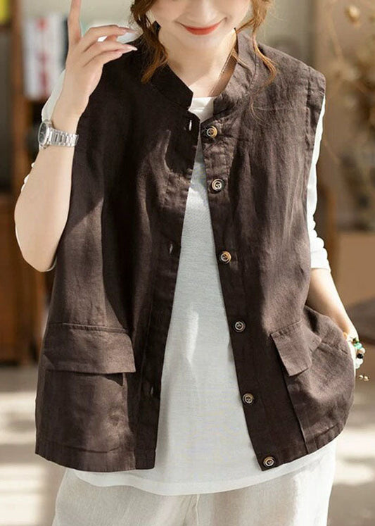 Natural Coffee Stand Collar Pockets Waistcoat Sleeveless
