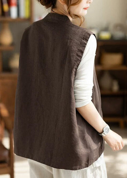 Natural Coffee Stand Collar Pockets Waistcoat Sleeveless