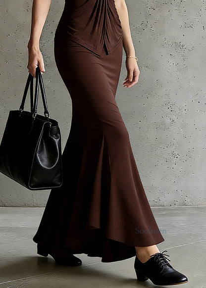 Natural Coffee V Neck Wrinkled Solid Top And Maxi Skirts Two Pieces Set Short Sleeve