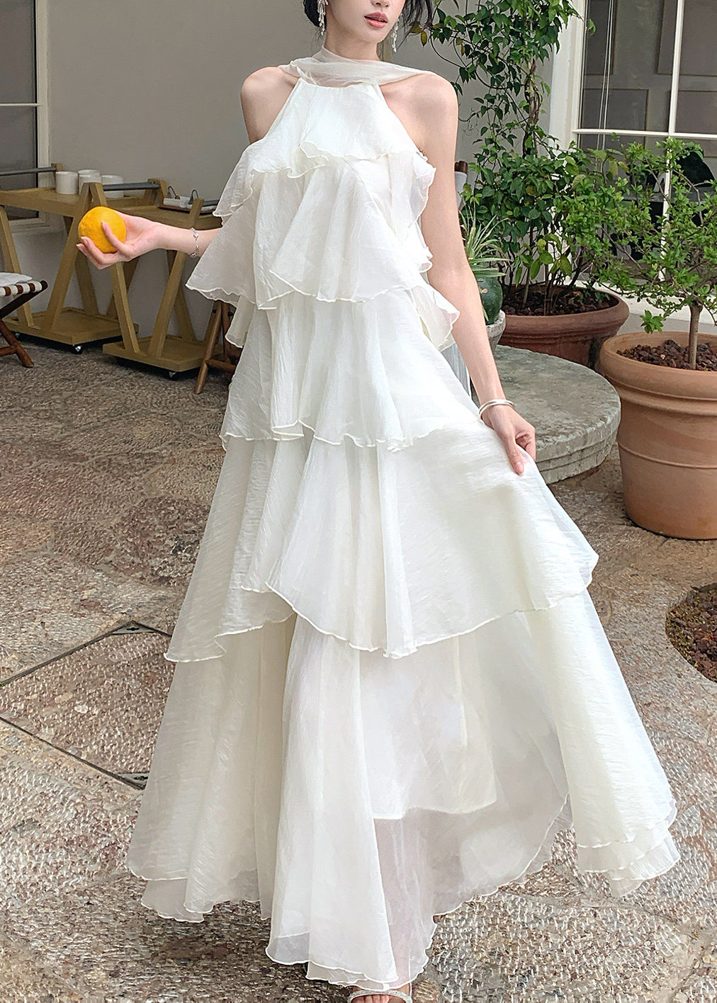 Natural Cold Shoulder Ruffled Long Dresses Sleeveless