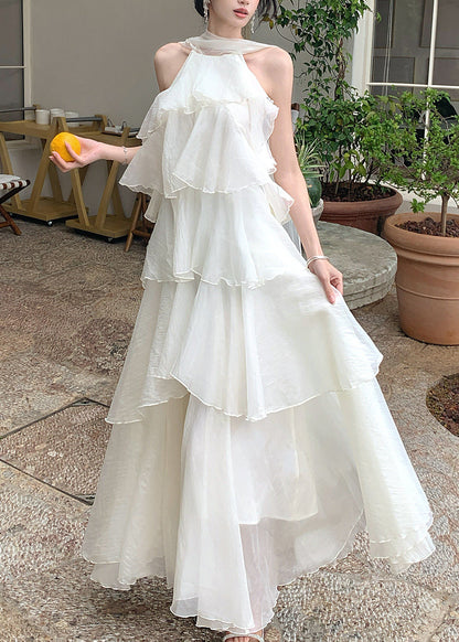Natural Cold Shoulder Ruffled Long Dresses Sleeveless