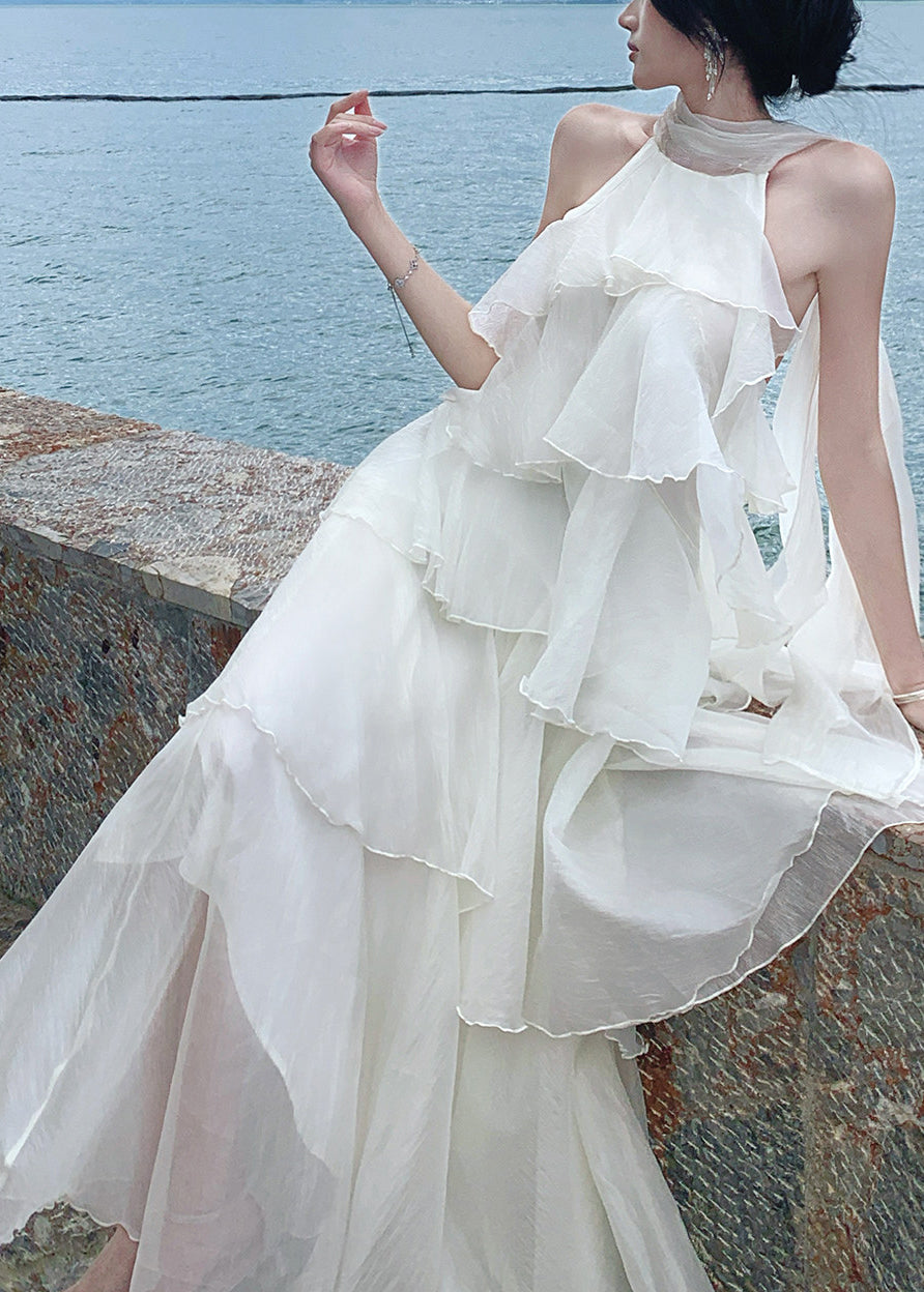 Natural Cold Shoulder Ruffled Long Dresses Sleeveless