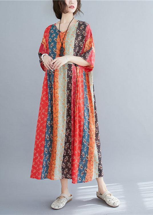 Natural ColorBlock Print O-Neck Summer Maxi Dresses Half Sleeve - SooLinen