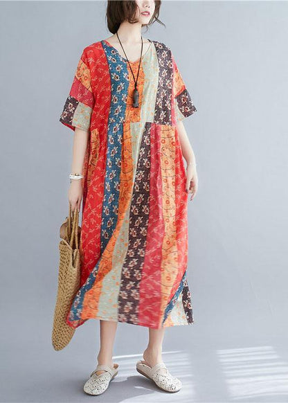 Natural ColorBlock Print O-Neck Summer Maxi Dresses Half Sleeve - SooLinen