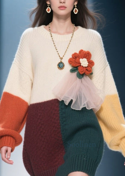 Natural Colorblock O Neck Floral Knit Sweater Dress Winter