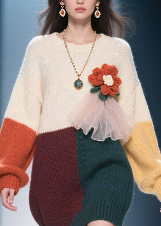 Natural Colorblock O Neck Floral Knit Sweater Dress Winter