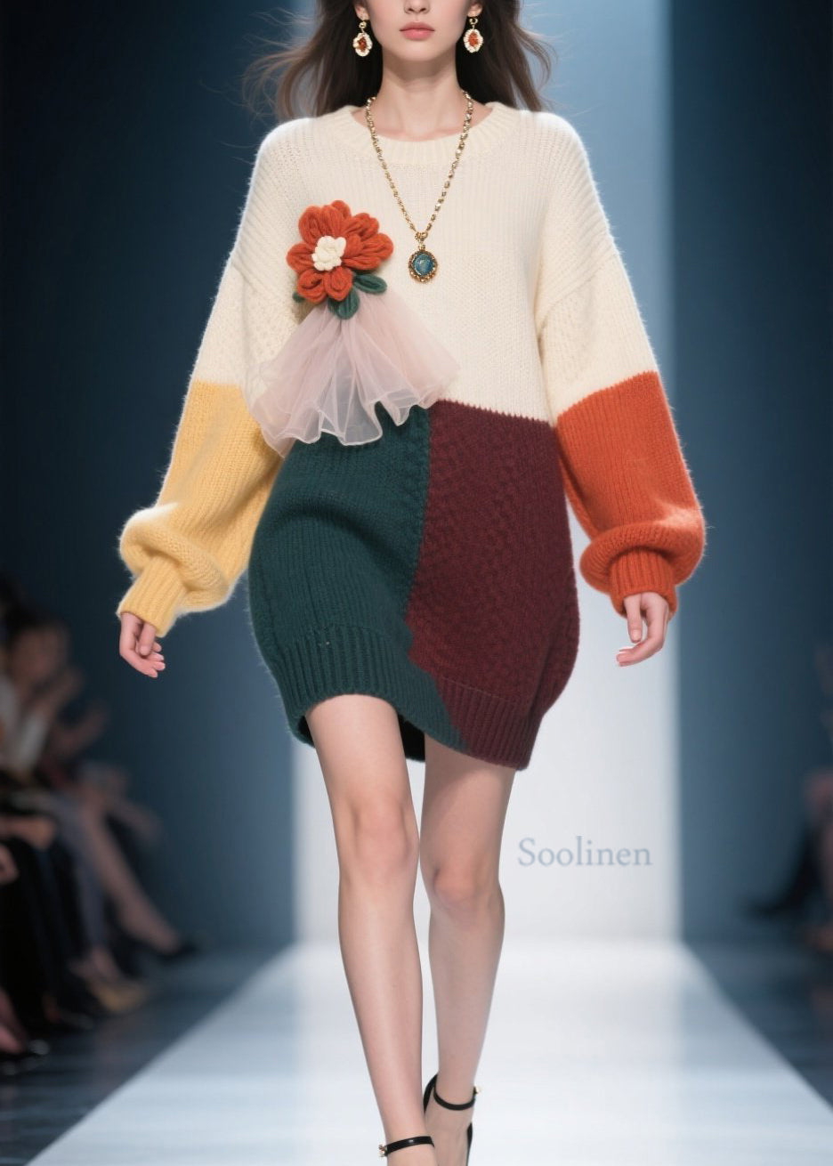 Natural Colorblock O Neck Floral Knit Sweater Dress Winter