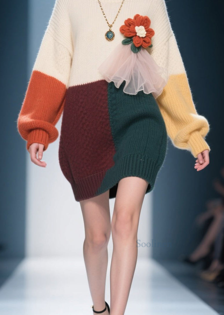Natural Colorblock O Neck Floral Knit Sweater Dress Winter