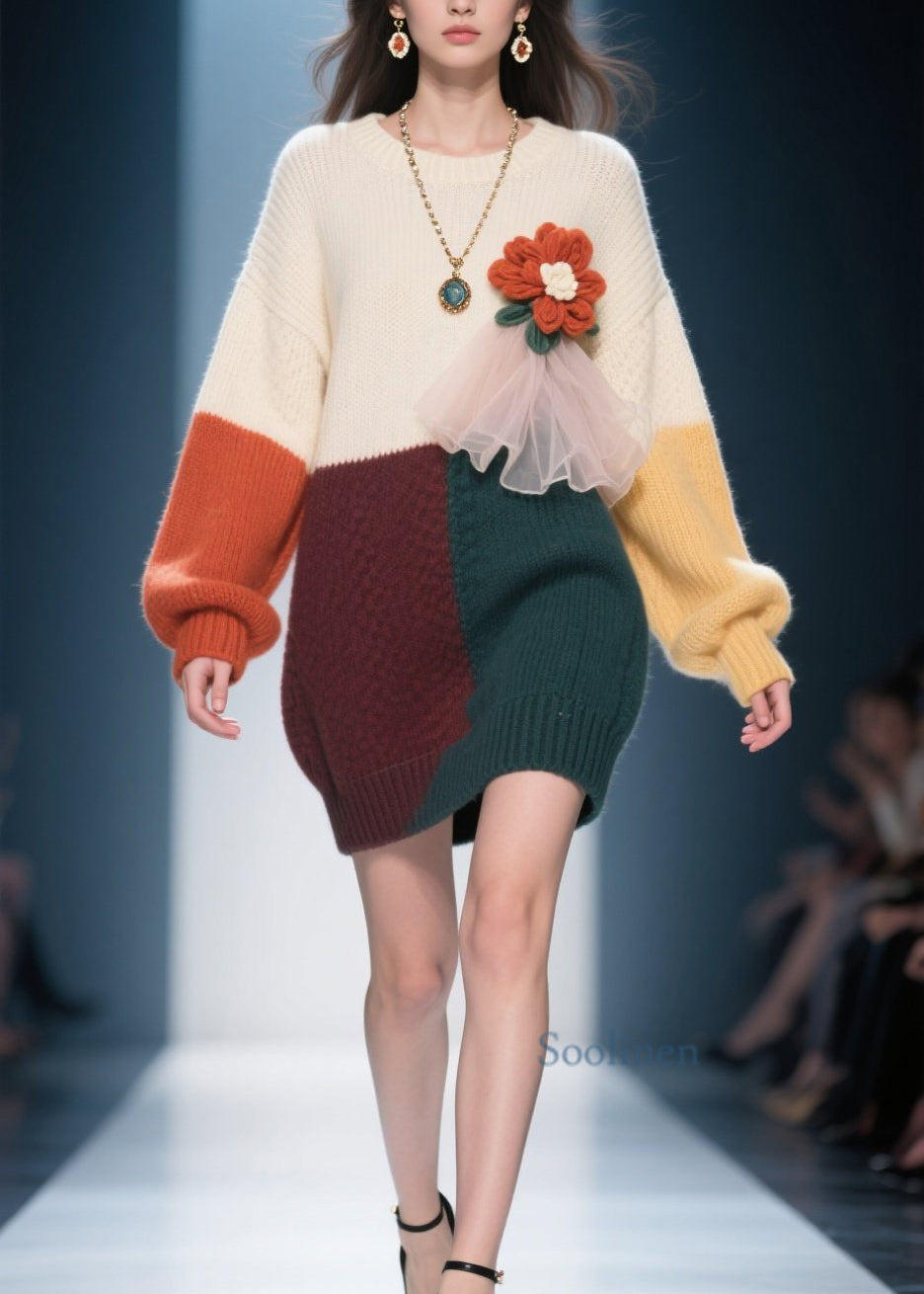 Natural Colorblock O Neck Floral Knit Sweater Dress Winter