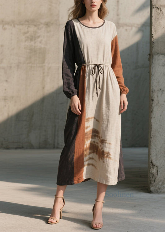 Natural Colorblock O Neck Lace Up Cotton Long Dress Fall