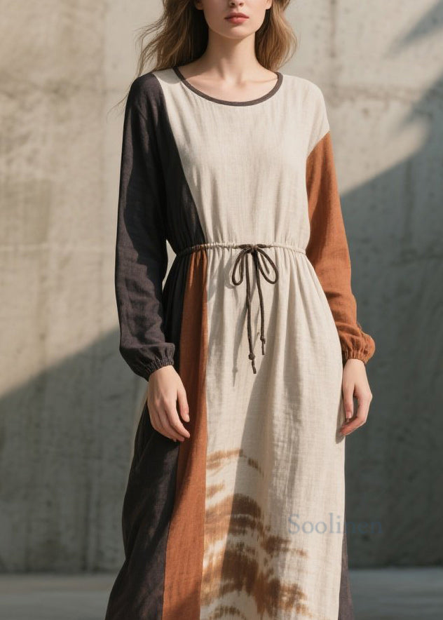 Natural Colorblock O Neck Lace Up Cotton Long Dress Fall