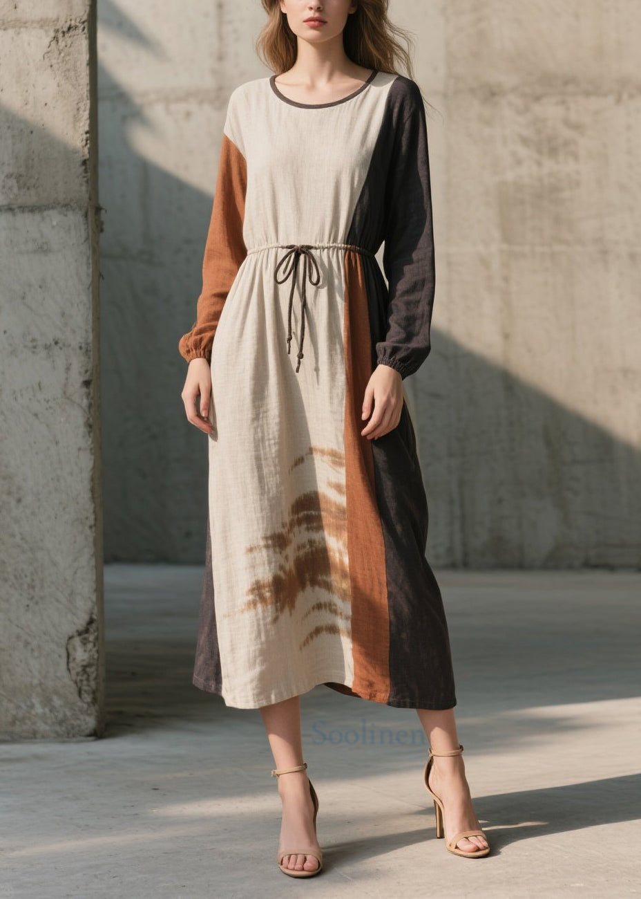 Natural Colorblock O Neck Lace Up Cotton Long Dress Fall