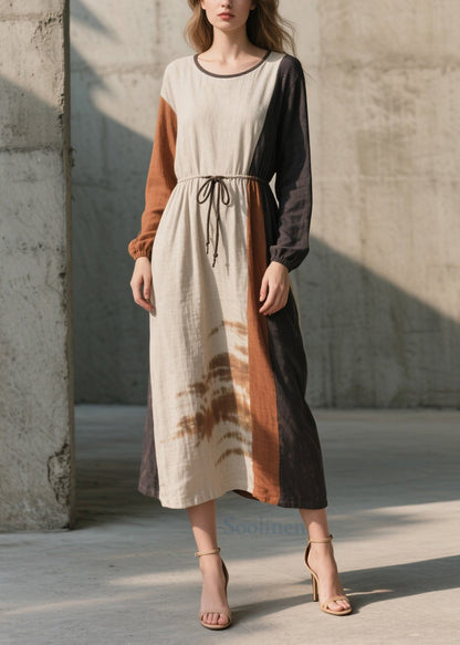 Natural Colorblock O Neck Lace Up Cotton Long Dress Fall