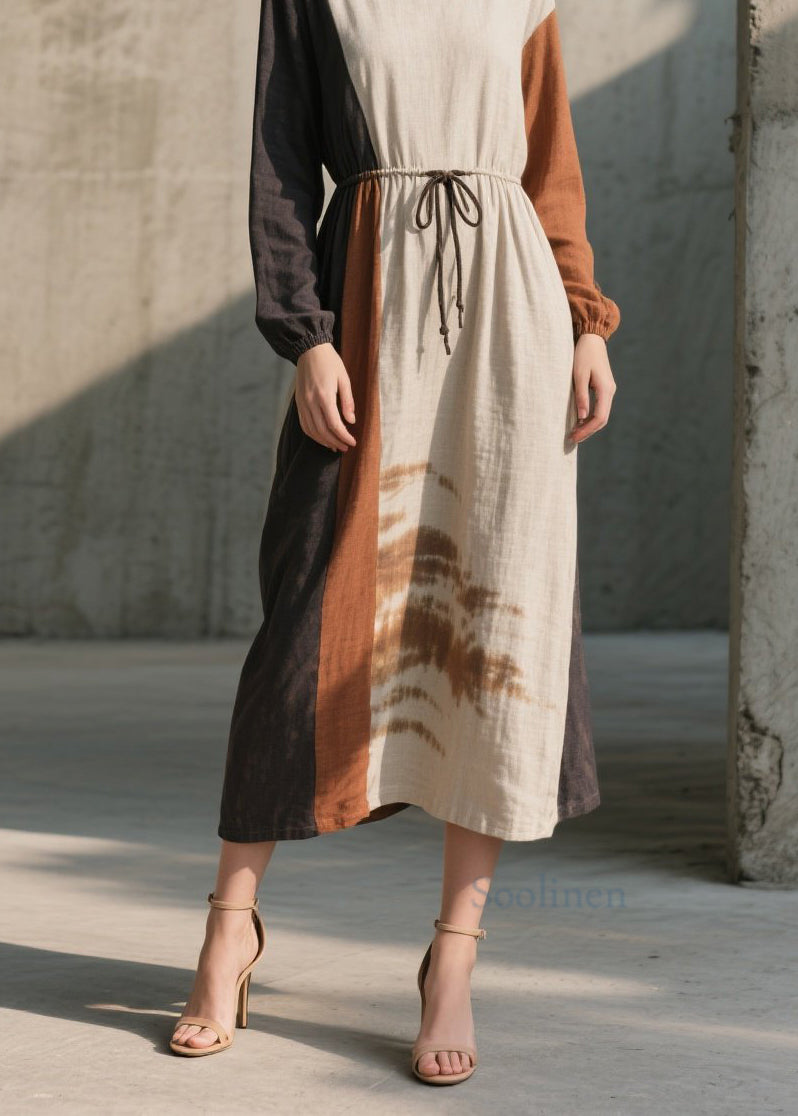 Natural Colorblock O Neck Lace Up Cotton Long Dress Fall