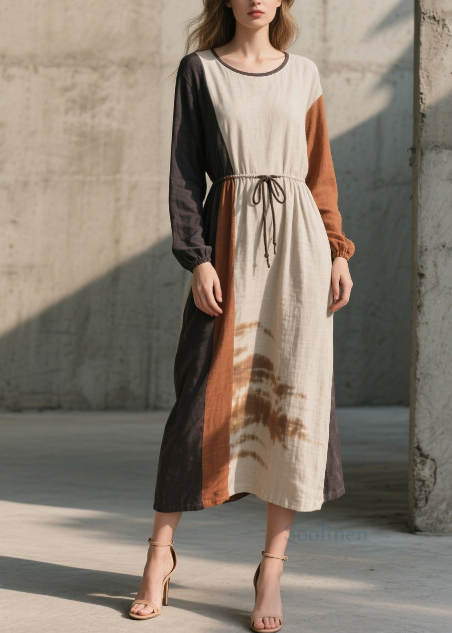 Natural Colorblock O Neck Lace Up Cotton Long Dress Fall