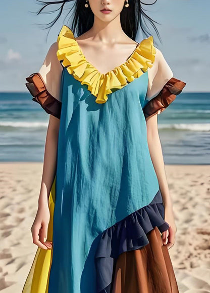 Natural Colorblock Ruffled Patchwork Cotton Dresses Summer