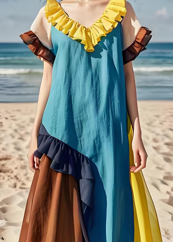 Natural Colorblock Ruffled Patchwork Cotton Dresses Summer
