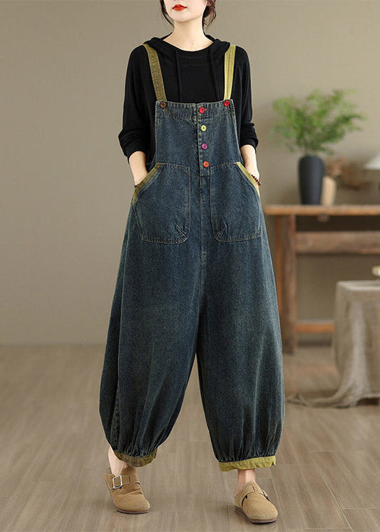 Natural Dark Blue Pockets Patchwork Denim Jumpsuits Sleeveless