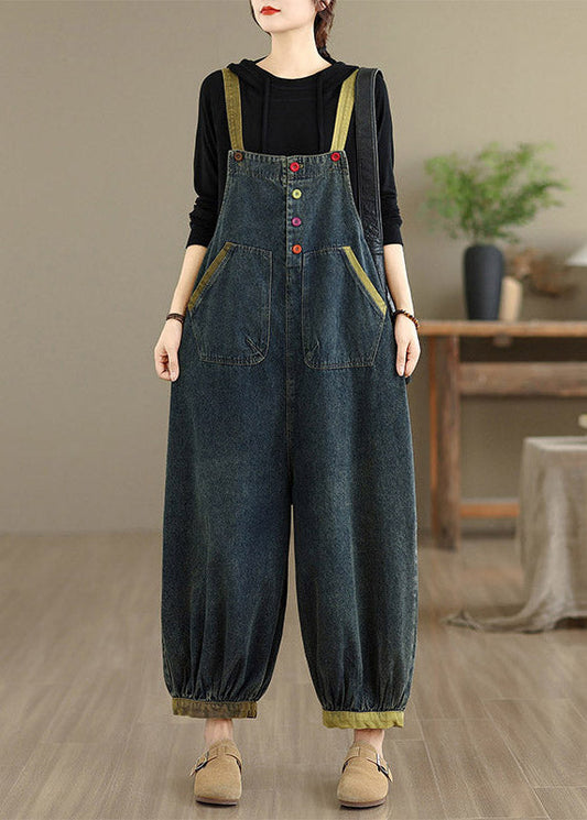 Natural Dark Blue Pockets Patchwork Denim Jumpsuits Sleeveless