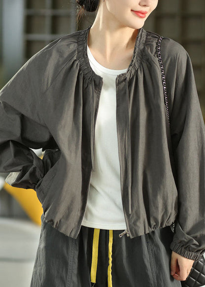 Natural Dark Grey O-Neck Zippered Ruffled Coats Fall