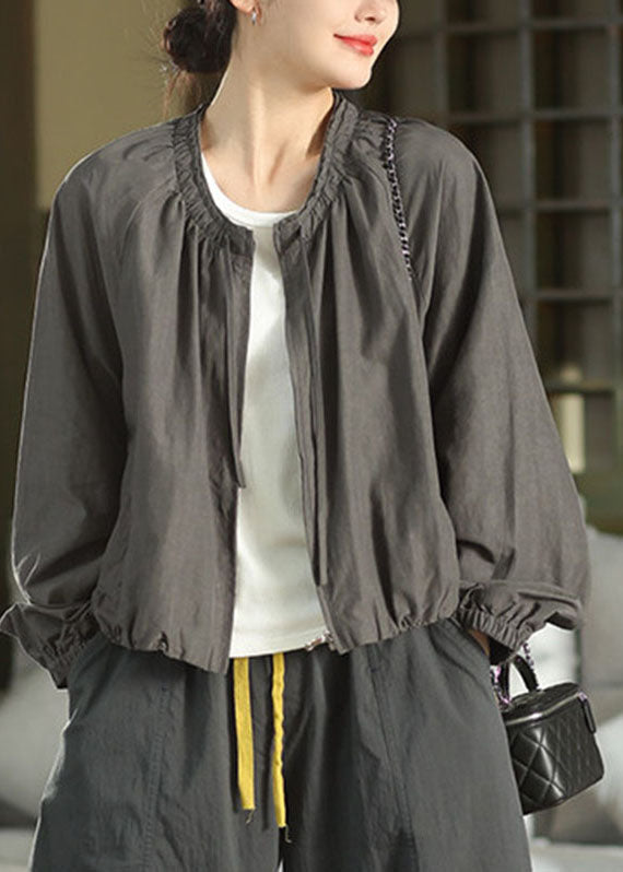 Natural Dark Grey O-Neck Zippered Ruffled Coats Fall