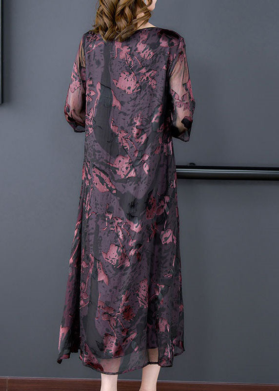 Natural Dark Purple O Neck Print Patchwork Silk Dress Summer