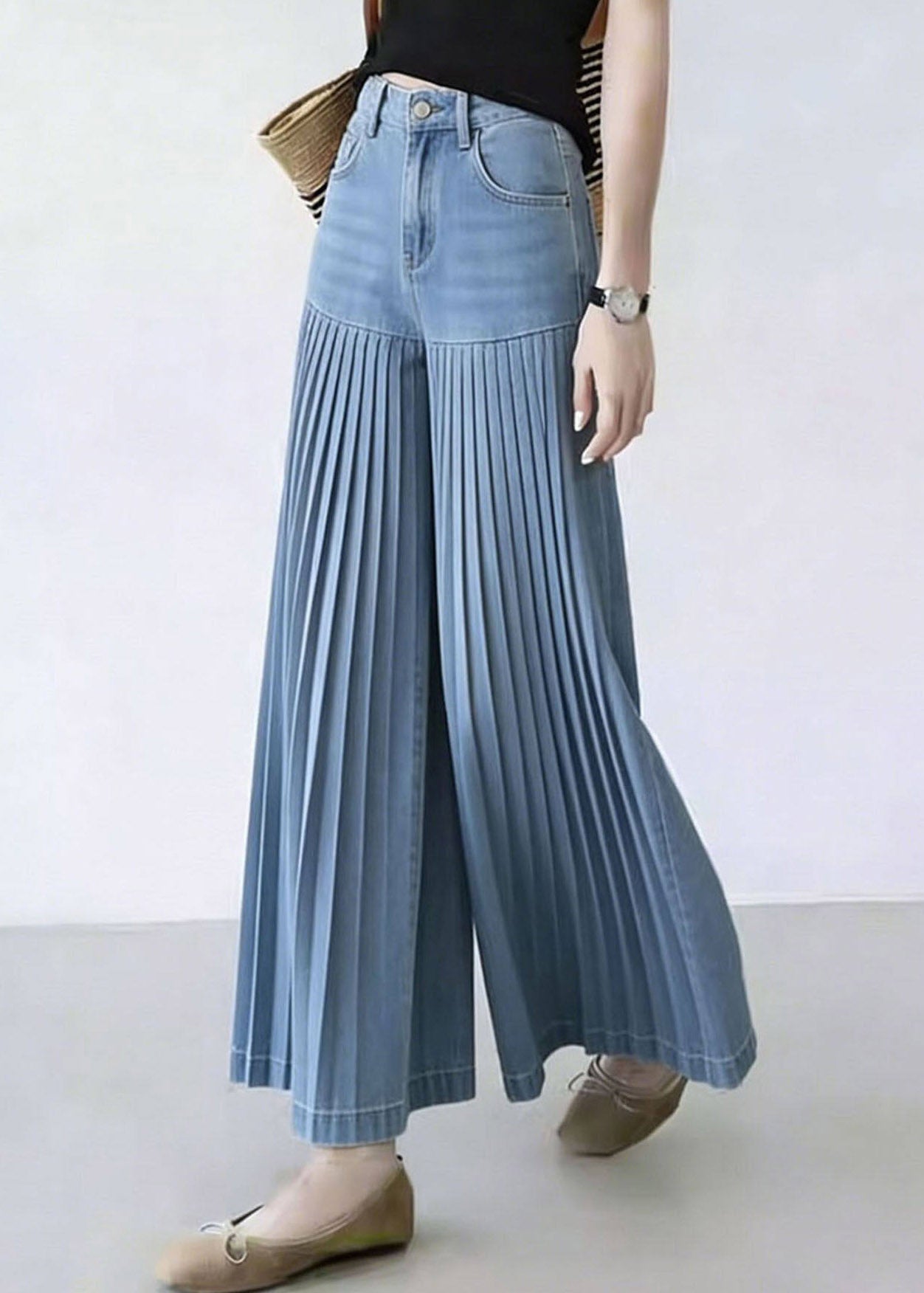 Natural Denim Blue Patchwork Wrinkled Crop Wide Leg Pants