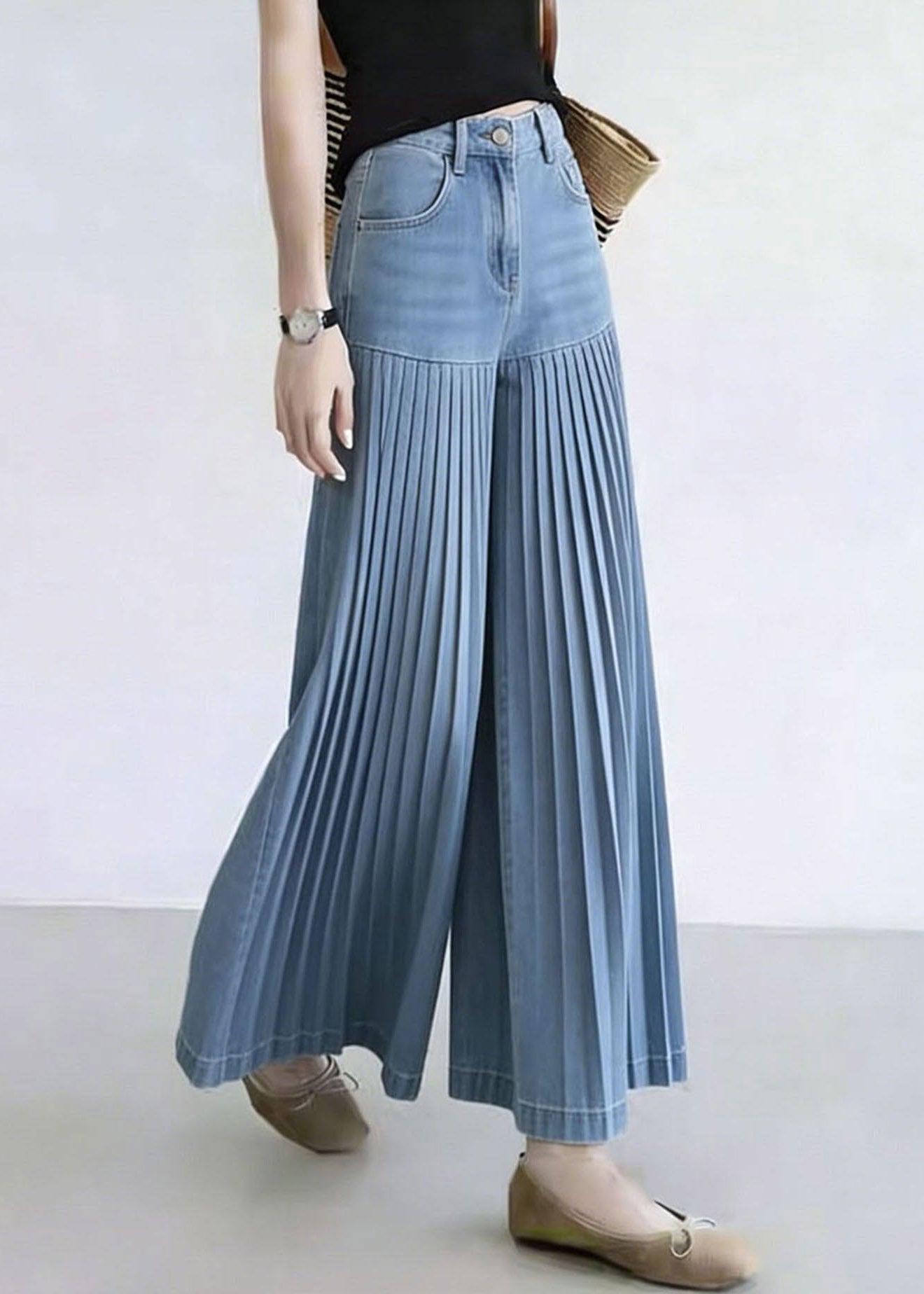 Natural Denim Blue Patchwork Wrinkled Crop Wide Leg Pants