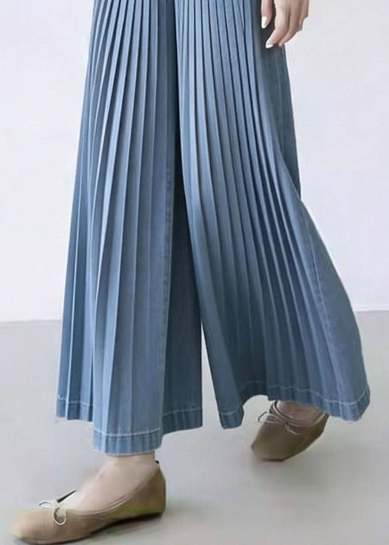 Natural Denim Blue Patchwork Wrinkled Crop Wide Leg Pants