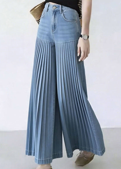 Natural Denim Blue Patchwork Wrinkled Crop Wide Leg Pants