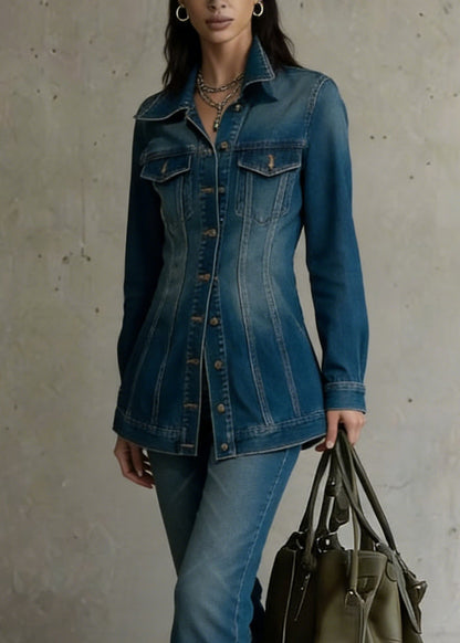 Natural Denim Blue Peter Pan Collar Button Coat And Flared Trousers Two Pieces Set Spring