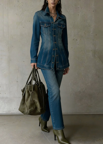 Natural Denim Blue Peter Pan Collar Button Coat And Flared Trousers Two Pieces Set Spring