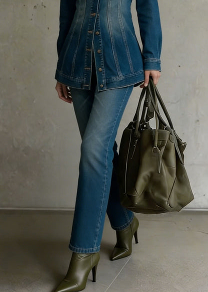 Natural Denim Blue Peter Pan Collar Button Coat And Flared Trousers Two Pieces Set Spring