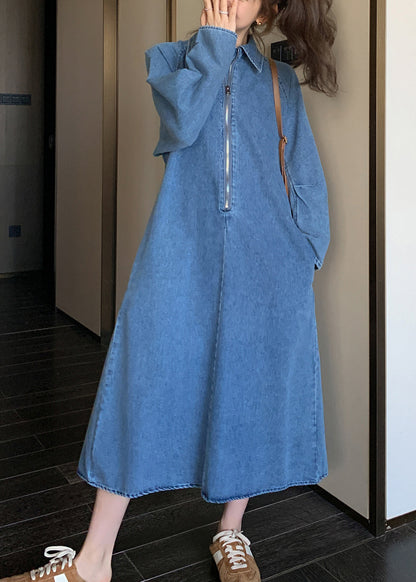 Natural Denim Blue Peter Pan Collar Zippered Patchwork Long Dress Spring