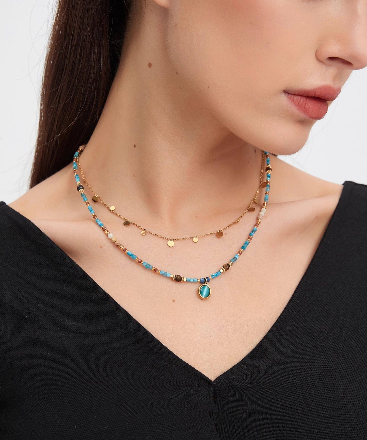 Natural Double Layered Stacking Gratuated Bead Necklace