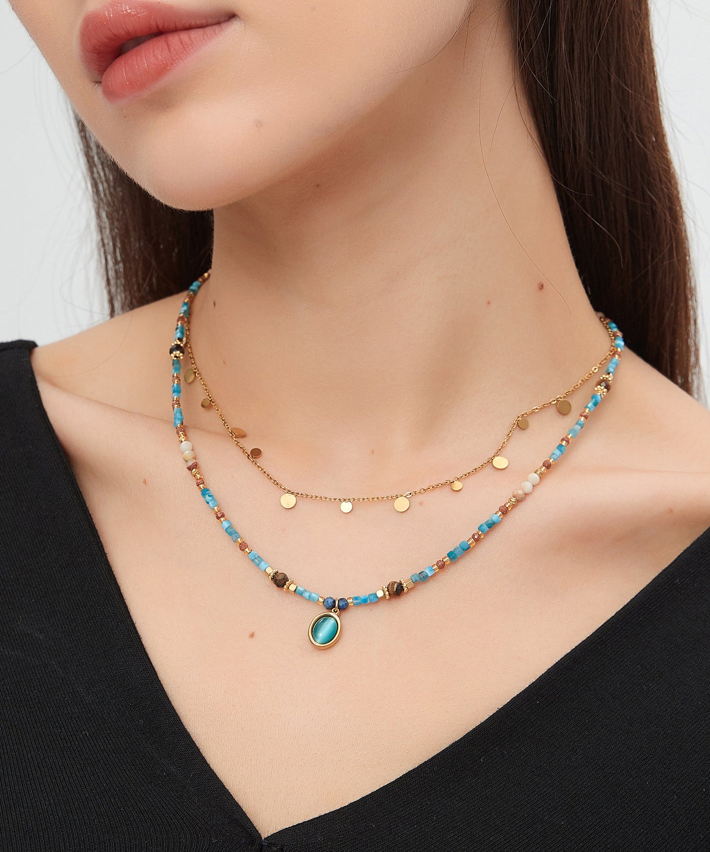 Natural Double Layered Stacking Gratuated Bead Necklace