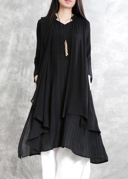 Natural FALSE two pieces clothes For Women Outfits black striped Dress - SooLinen